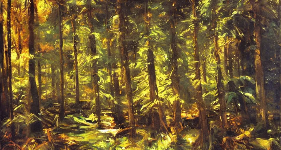 Image similar to dark forest, oil painting, vivid colors, brush strokes, elegant, highly detailed, by richard schmid and john singer sargent