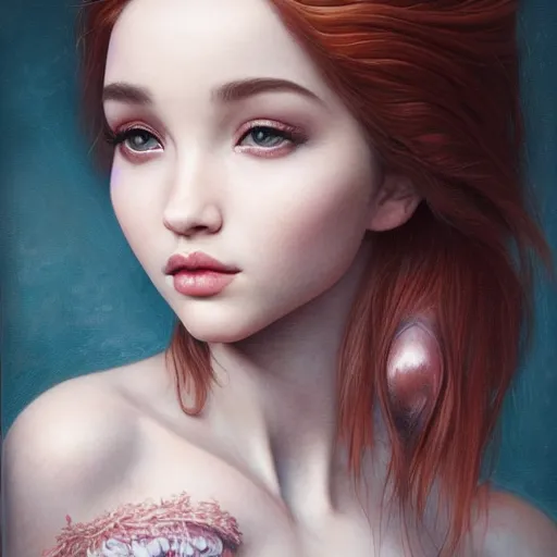 Image similar to tom bagshaw portrait, asian mix of dove cameron madison beer bella poarch in a full dress with long thin lustrous auburn hair, professionally retouched, focus eyes, ultra realistic soft painting, insanely detailed linework, symmetrical accurate intricate features, behance, 8 k