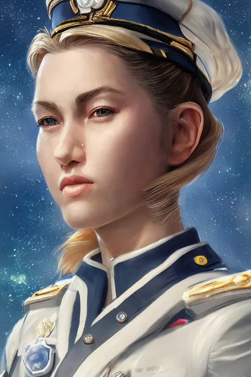 Image similar to beautiful portrait of a female officer wearing a fancy naval uniform, art by wlop and artgerm, science fiction, intricate detail, blonde hair, space background, trending on artstation, sharp focus, illustration, caustics, octane render, radiant light, 4 k