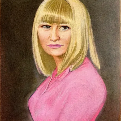 Image similar to portrait of a woman with bangs and blonde hair wearing a pink dress