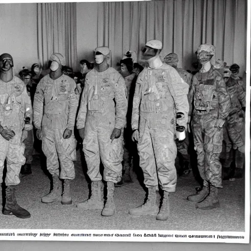 Prompt: Grey aliens meeting with american soldiers and officers, vintage photo, grainy, black & white, archive