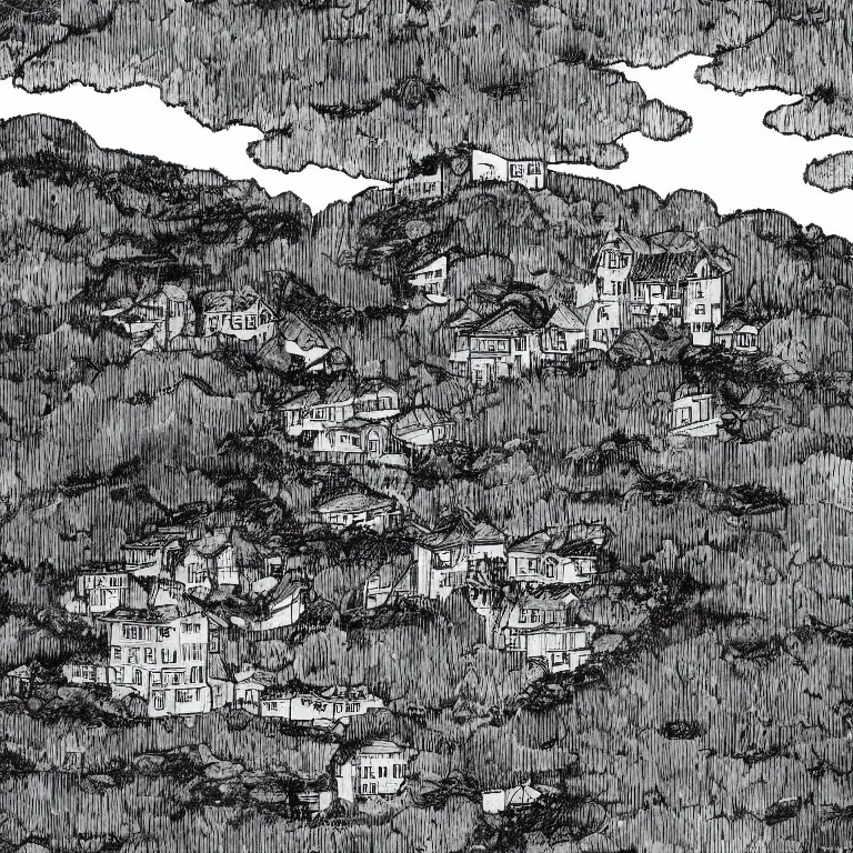 Image similar to drawing of a house on a hill overlooking a body of water, a comic book panel by hayao miyazaki, featured on tumblr, neo - romanticism, wallpaper, minimalistic