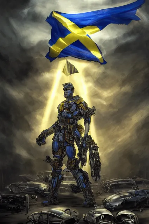 Image similar to a full body shot from distance of a super soldier with a Ukrainian blue and yellow stripes flag standing in the beam of light from the clouds on a pile of skulls and rotten cars as a winner, masculine figure, D&D, fantasy, intricate, elegant, highly detailed, digital painting, artstation, concept art, matte, sharp focus, symmetrical, illustration, hyperrealistic, art by Artgerm and Greg Rutkowski and Alphonse Mucha