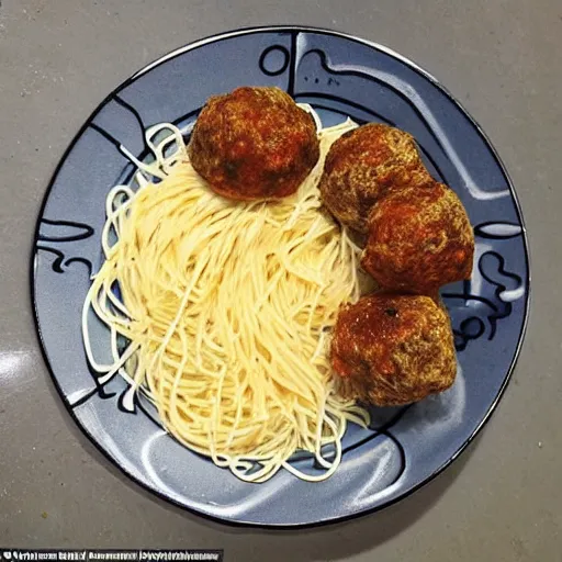 Prompt: On top of spaghetti, All covered with cheese, I lost my poor meatball, When somebody sneezed, It rolled off the table, And onto the floor, And then my poor meatball, Rolled out of the door