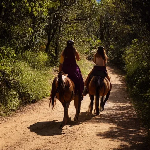 Image similar to women, riding man like a horse, on a small path in the hills