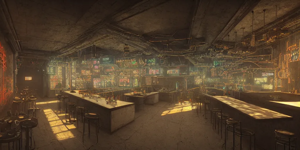 Image similar to Highly detailed realistic photo interior design in style of minimalism by JAMIE BUSH and Josan Gonzalez of detailed cyberpunk tavern with stone walls and neon lights, a lot of electronics and people, many details by Hiromasa Ogura. a lot of Natural white sunlight from the transperient roof. Rendered in VRAY