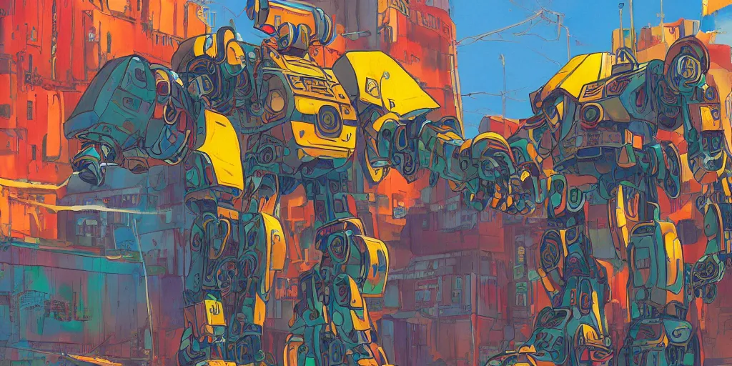 Prompt: colourful - damaged - giant mecha ROBOT of AJEGUNLE SLUMS of Lagos, markings on robot, Golden Hour, in the style of studio Ghibli,
