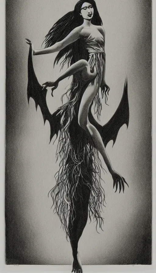 Prompt: manananggal, eerie silver engraving, high contrast