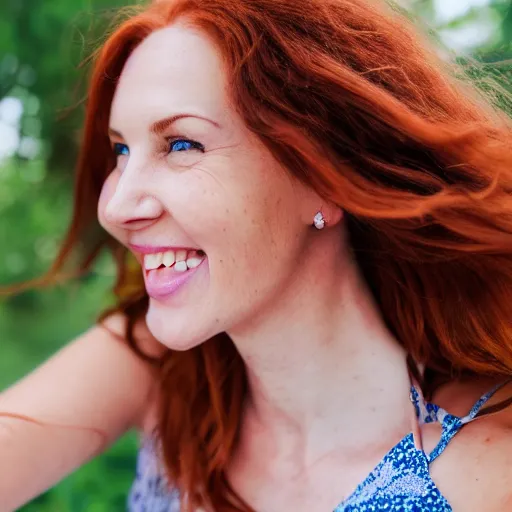 Prompt: close up shot of a beautiful woman with auburn hair and blue eyes, wearing a sundress, smiling at the camera, 4 k