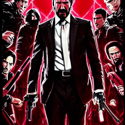 Image similar to john wick takes on the cartel, artstation hall of fame gallery, editors choice, #1 digital painting of all time, most beautiful image ever created, emotionally evocative, greatest art ever made, lifetime achievement magnum opus masterpiece, the most amazing breathtaking image with the deepest message ever painted, a thing of beauty beyond imagination or words, 4k, highly detailed, cinematic lighting