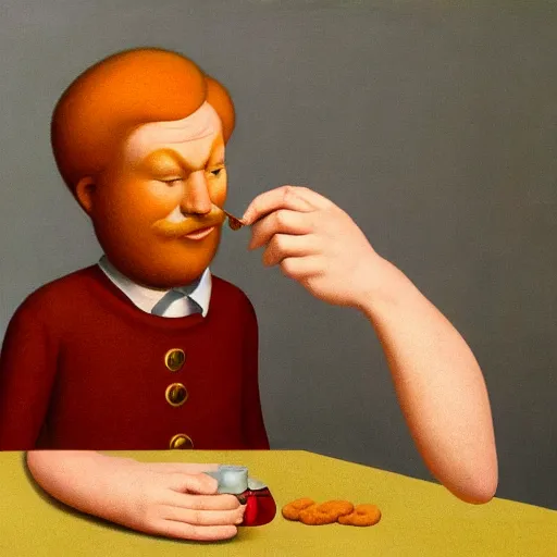 Image similar to a ginger-bread-man having a whiskey by Raphael, Hopper, and Rene Magritte. detailed, romantic, enchanting, trending on artstation.