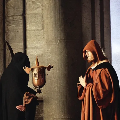 Image similar to goblin in hooded cloak filming a movie, renaissance painting