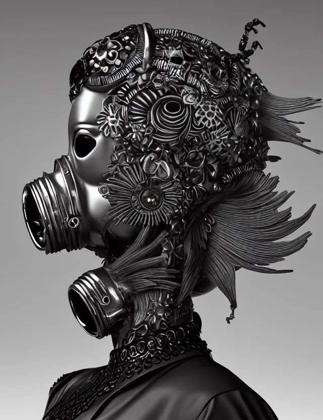 Image similar to 3 d goddess close - up profile punk portrait with vintage gas mask ram skull. beautiful intricately detailed japanese crow kitsune mask and clasical japanese kimono. betta fish, jellyfish phoenix, bio luminescent, plasma, ice, water, wind, creature, artwork by tooth wu and wlop and beeple and greg rutkowski