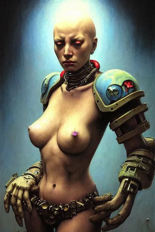 Image similar to character portrait cyberpunk starcraft terran warhammer 4 0 k space marine tech priest warrior princess ( ( ( ( ( ( ( ( totally definitely not negative no not girl with the pearl earring inspired ) ) ) ) ) ) ), beksinski character design, painting by gaston bussiere, katsuya terada, frank frazetta, tom of finland, trending on artstation