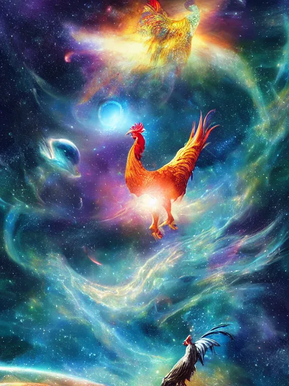 Image similar to a giant rooster floating in space, galaxy cosmic nebula, epic, volumetric light, hyperrealistic, glitter, mega detailed, beautiful composition, beautiful lighting, unreal render, 4 k, vincent di fate, john berkey, michael whelan