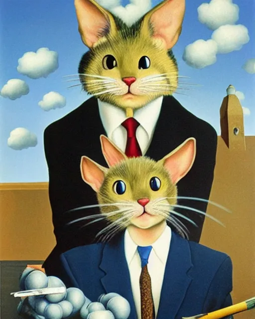 Prompt: Real-life Tom and Jerry, painted by by René Magritte