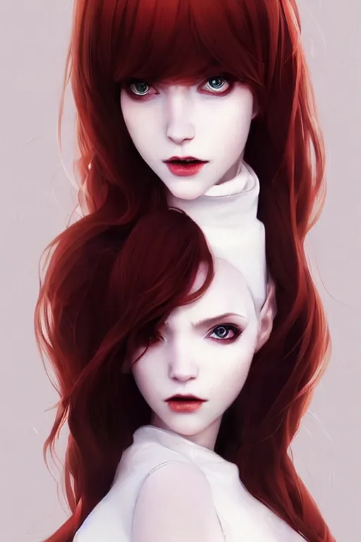 Image similar to beautiful pale vampire with auburn hair in a white turtleneck dress, on a super yacht, by guweiz and wlop and ilya kuvshinov and and moebius, artgerm, symmetrical eyes, aesthetic, gorgeous, stunning, alluring, attractive, half body portrait, artstation, deviantart, pinterest, digital art