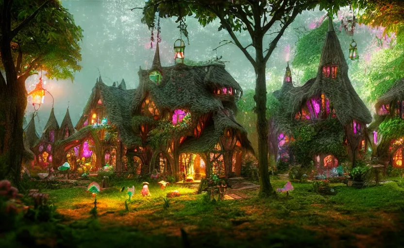 Prompt: inside an ethereal magical fairy village, highly detailed, 8 k, hdr, award - winning, octane render, artstation