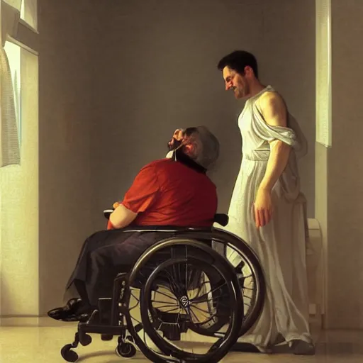 Image similar to a male patient in a wheelchair in the hospital with his wife and son standing by. happy, cheerful, smiling, intricate, face enhance, sharp focus, cinematic lighting, 8 k, art by greg rutkowski, william adolphe bouguereau