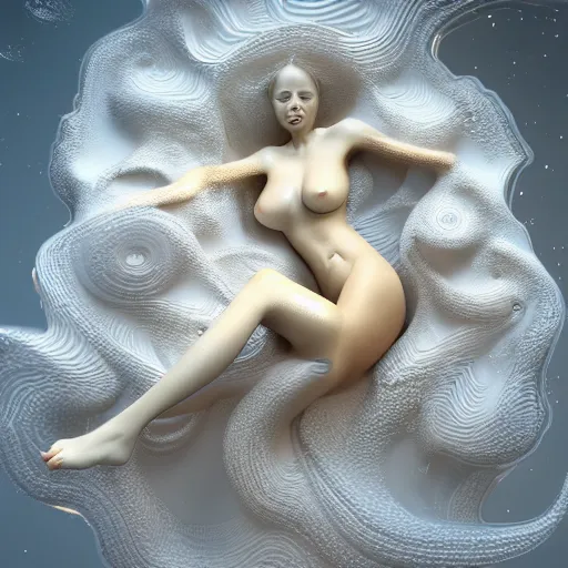 Prompt: 3 d pyro liquid simulation render, octane render, xparticles,, female bodies, intricate details, female body covered in white blanket, white carved abstract sculpture, amethyst mineral quartz, swirly curls, abstract white fluid, golden edges and fractals, wasili kandinski, artstation, render, cinema 4 d, art noveau fresco