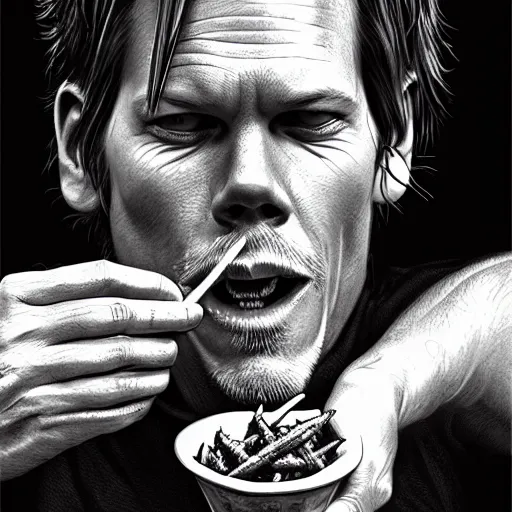 Image similar to Portrait of Kevin Bacon eating hot wings, fantasy, D&D, intricate, highly detailed, digital painting, trending on artstation, sharp focus, illustration, style of Stanley Artgerm