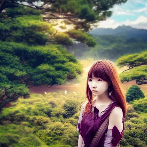 Image similar to a beautiful photograph of a girl with japan landscape in the background with trees, hdr, 8 k, high quality, sharp focus, artstation, highly detailed, award - winning, dramatic lighting, beautiful clouds, and nature