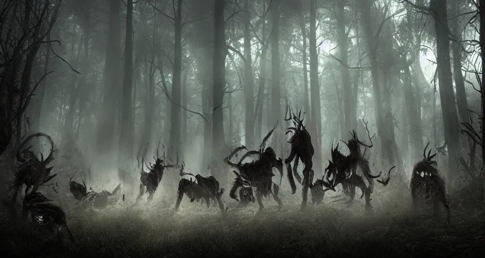 Image similar to an epic action concept masterpiece of a rabid wolfpack, in a forest made of nightmares, inspired by sd ai. horrific digital art, extremely moody lighting