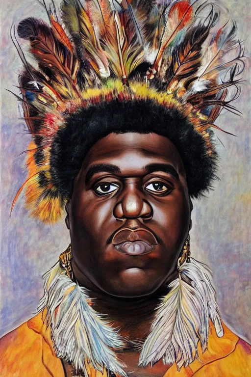 Image similar to a portrait of biggie smalls wearing boho - chic style clothes, with plumes, feathers and fur muffler, full body!!, realistic painting in egon schiele style, masterpiece, hyperdetailed, complex, intricate, 4 k, trending on artstation