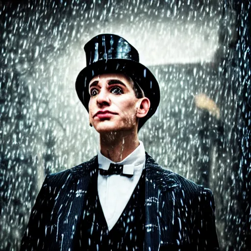 Image similar to cinestill 5 0 d candid photographic portrait by david cronenberg of baroque steampunk cyborg gentleman wearing an edwardian suit and top hat, modern cyberpunk moody emotional cinematic, closeup, pouring rain menacing lights shadows, 8 k, hd, high resolution, 3 5 mm, f / 3 2, ultra realistic faces, ex machina