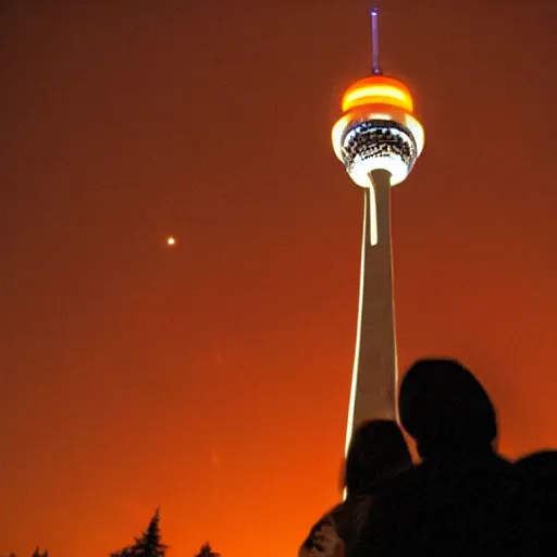 Image similar to Toronto tourist guide with planet mars as a head impaled on Toronto space needle, dramatic cinematic lighting