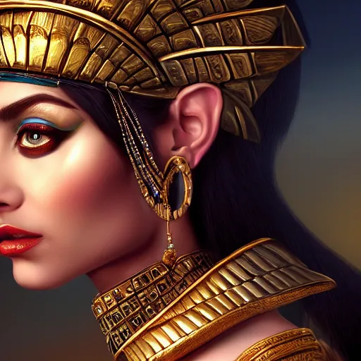 Image similar to Cleopatra, beautiful eyes, portrait, fantasy, beautiful face, medieval, vivid colors, elegant, concept art, sharp focus, digital art, Hyper-realistic, 4K, Unreal Engine, Highly Detailed, HD, Dramatic Lighting by Brom, trending on Artstation