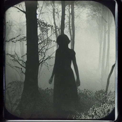 Image similar to an ancient evil-girl on a mysterious fractal forest, mist, 1910 polaroid photography, Black and white