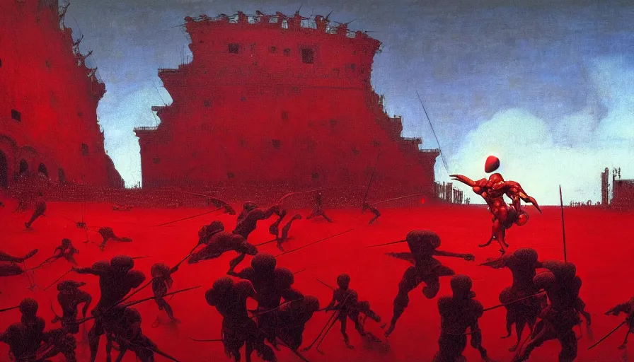 Image similar to only with red, a lightly armored gladiator in a crowded roman amphitheatre, crowd cheering, in the style of beksinski and edward hopper and rodcenko and yue minjun and cory loftis, intricate and epic composition, red by caravaggio, highly detailed, masterpiece, red light, artstation, art nouveau