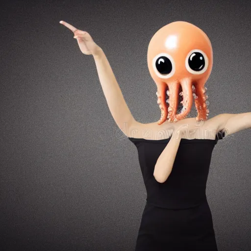 Prompt: Businesswoman with the head of an octopus and tentacle arms dancing in the office, stock photo, 4k, studio lighting