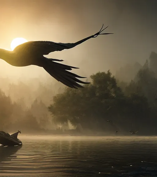 Image similar to three long beak crows flying and a little boat in a swamp, long legs, volumetric lighting, majestic light, octane render, ethereal glare of the sun, hyperrealistic, epic, masterpiece, by greg rutkowski