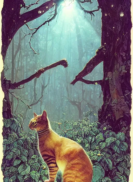Image similar to a cat with happy lighting and technology jewelry in the woods gorgeous lighting, sunbeams blue sky, lush forest foliage painting by chiara bautista and beksinski and norman rockwell and greg rutkowski weta studio, and lucasfilm