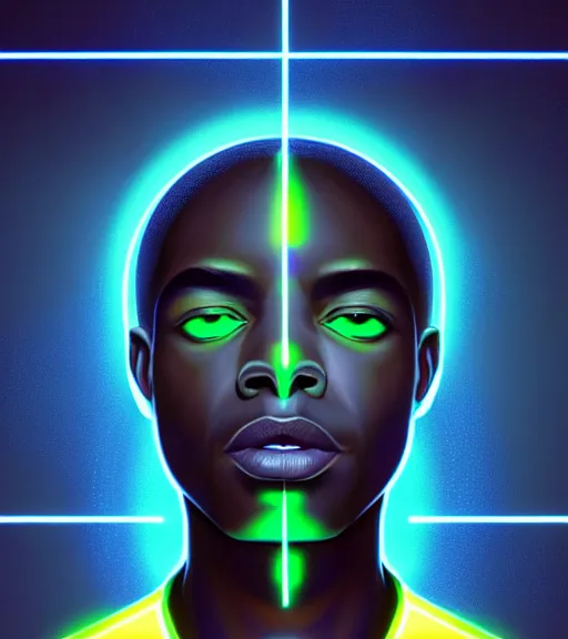 Prompt: symmetry!! african prince of technology, solid cube of light, hard edges, product render retro - futuristic poster scifi, lasers and neon circuits, dark skin man african prince, intricate, elegant, highly detailed, digital painting, artstation, concept art, smooth, sharp focus, illustration, dreamlike, art by artgerm