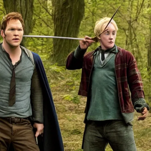 Prompt: Chris Pratt in the movie Harry Potter And The Prisoner Of Azkaban, dueling with Malfoy