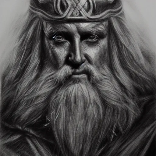 Prompt: Odin, charcoal portrait, artstation, fine-detailed