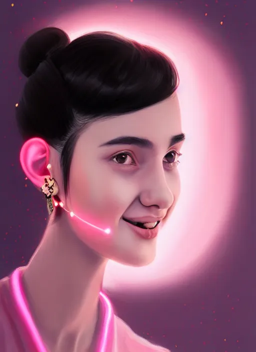 Prompt: portrait of teenage girl, narrow face, black hair, bangs, half updo hairstyle, pointy nose, skinny, smile, unattractive, defined jawline, big chin, pink hair bow, earrings, intricate, elegant, glowing lights, highly detailed, digital painting, artstation, sharp focus, illustration, art by wlop, mars ravelo and greg rutkowski