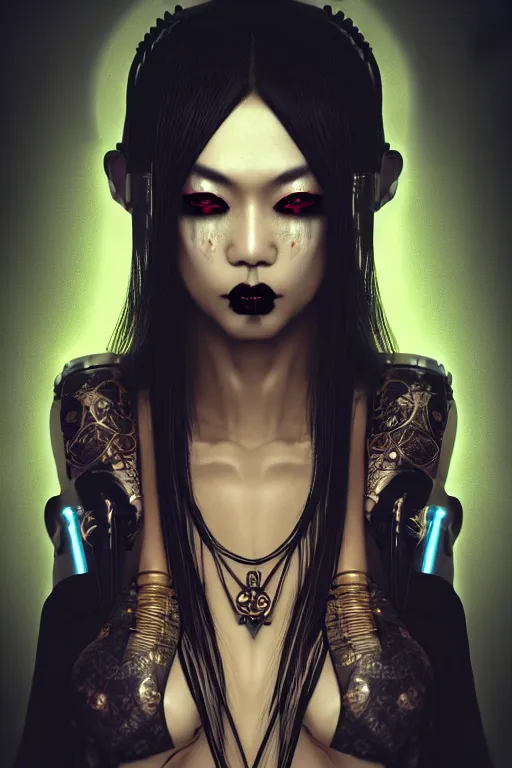 Image similar to soft lustrous ebony asian geisha yakuza biotech raver gutter punk gothic cyborg, cyberpunk city, urban decay, decay, golden ratio, details, scifi, fantasy, cyberpunk, intricate, decadent, highly detailed, digital painting, octane render, artstation, concept art, smooth, sharp focus, illustration, art by artgerm, loish, wlop