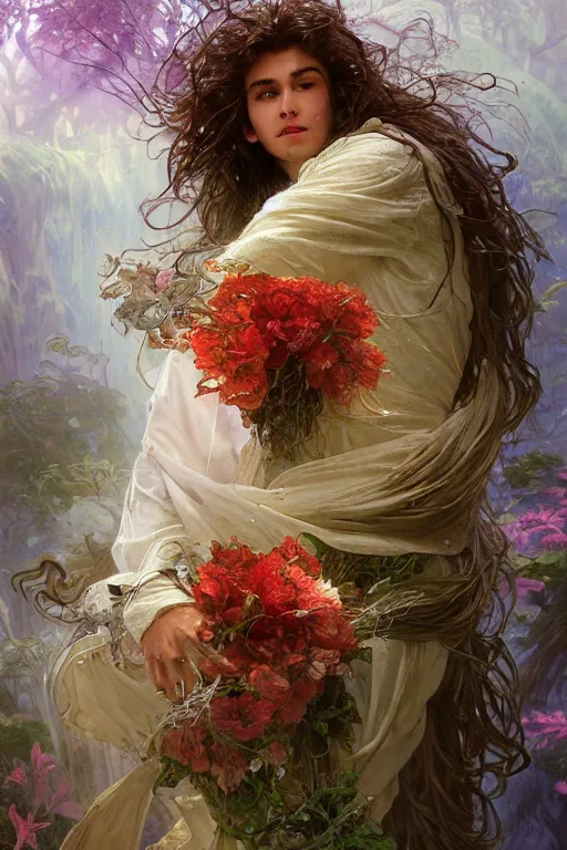 Image similar to portrait male anthro lion character wearing a white cloak, holding a bouquet of flowing flowers, water drenched body, wet dripping hair, emerging from the water, fantasy, regal, fractal crystal, fractal gems, by stanley artgerm lau, thomas kindkade, alphonse mucha, loish, norman rockwell