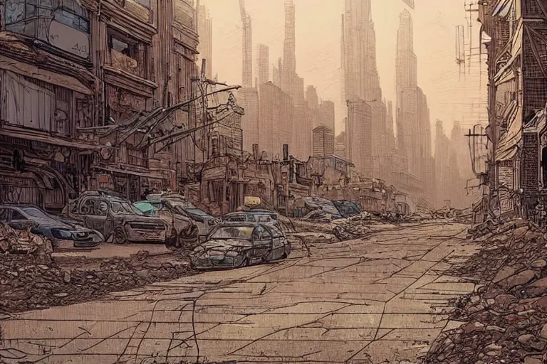 Prompt: a post apocalyptic city street by Moebius