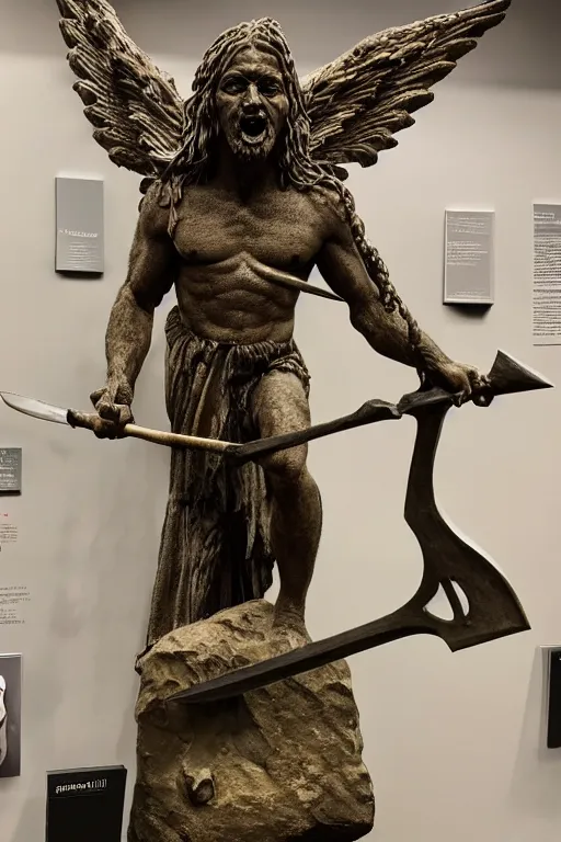 Image similar to photo taken of an epic intricate, ultra detailed, super realistic sculpture of a ancient winged demonic guardian statue holding an axe, sculpture on display, created by weta workshop, photorealistic, sharp focus, f 0. 4, face centred, golden ratio