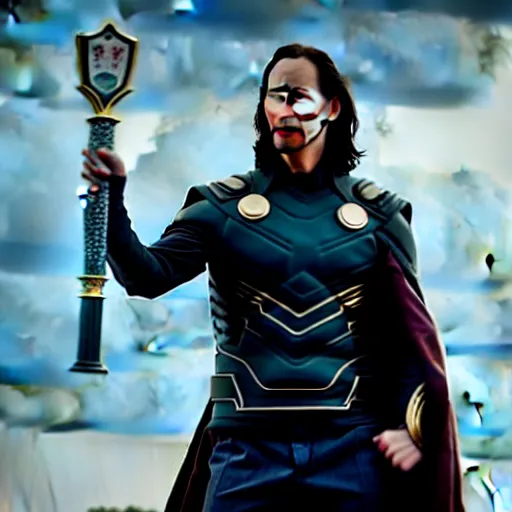 Image similar to film still of Keanu Reeves as Loki holding scepter in Avengers Endgame