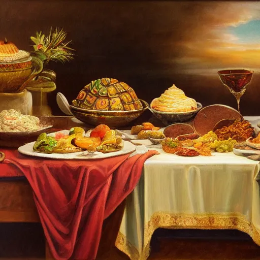Prompt: a table with lots of deserts and dishes and fruits and vegetables, oil painting without frame, classical painting, high definition, digital art, matte painting, very detailed