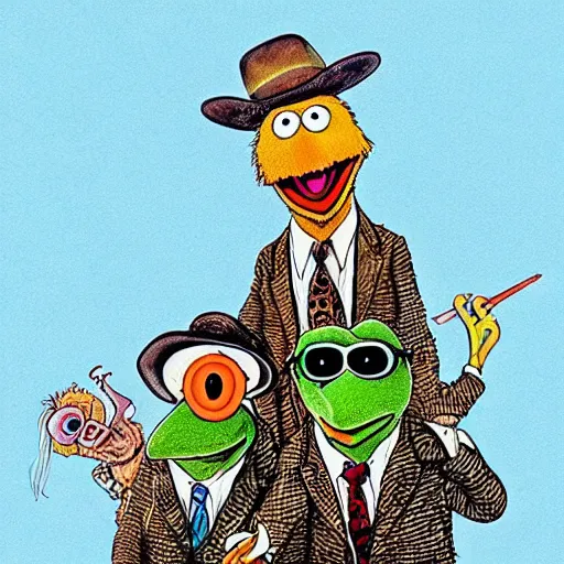 Prompt: the muppets drawn by ralph steadman fear and loathing in las vegas style