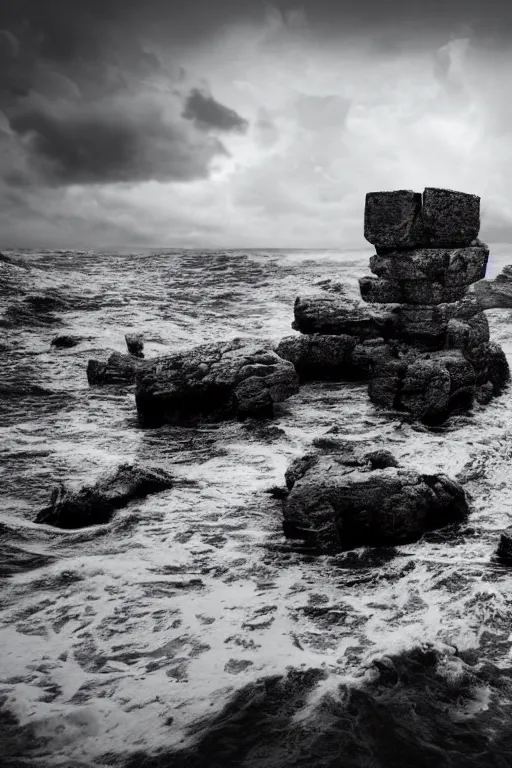 Image similar to a stormy sea shore with brutalist giant architectural rocks, grey tones, 8k resolution, dramatic sky, 3D, depth of field, futuristic , detailed digital art