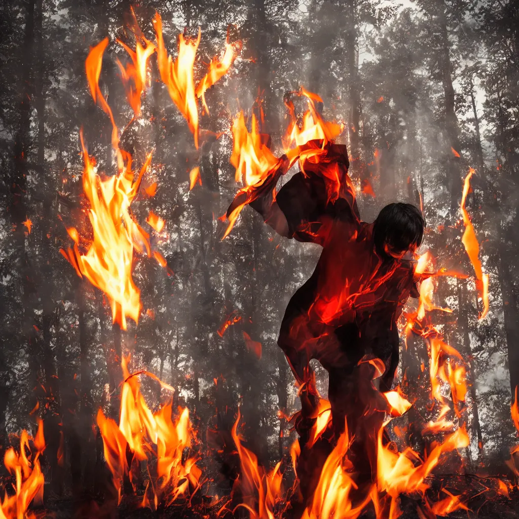 Prompt: male 1 7 year old, black hair with white stripe in middle, angry, surrounded by fire in a forest, red cardinal on his shoulder, portrait 4 k,