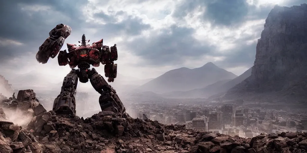 Prompt: amazing photo of a giant ancient robot of doom rising up out of a mountain sending rubble and rocks tumbling down it sides, clouds of dust and rock kick up into the air and spread across into the nearby city , epic scale , unimaginable power and wonder, awe, cinematic, high detail design robot ancient